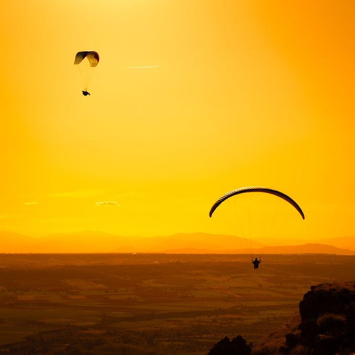 Silhouettes of paragliders soaring during a striking golden sunset over expansive countryside.
